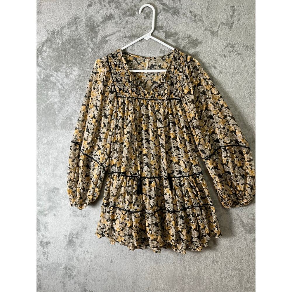 Free People Free Swinging Floral Mini Dress Boho‎ Peasant Tiered Ruffle Small